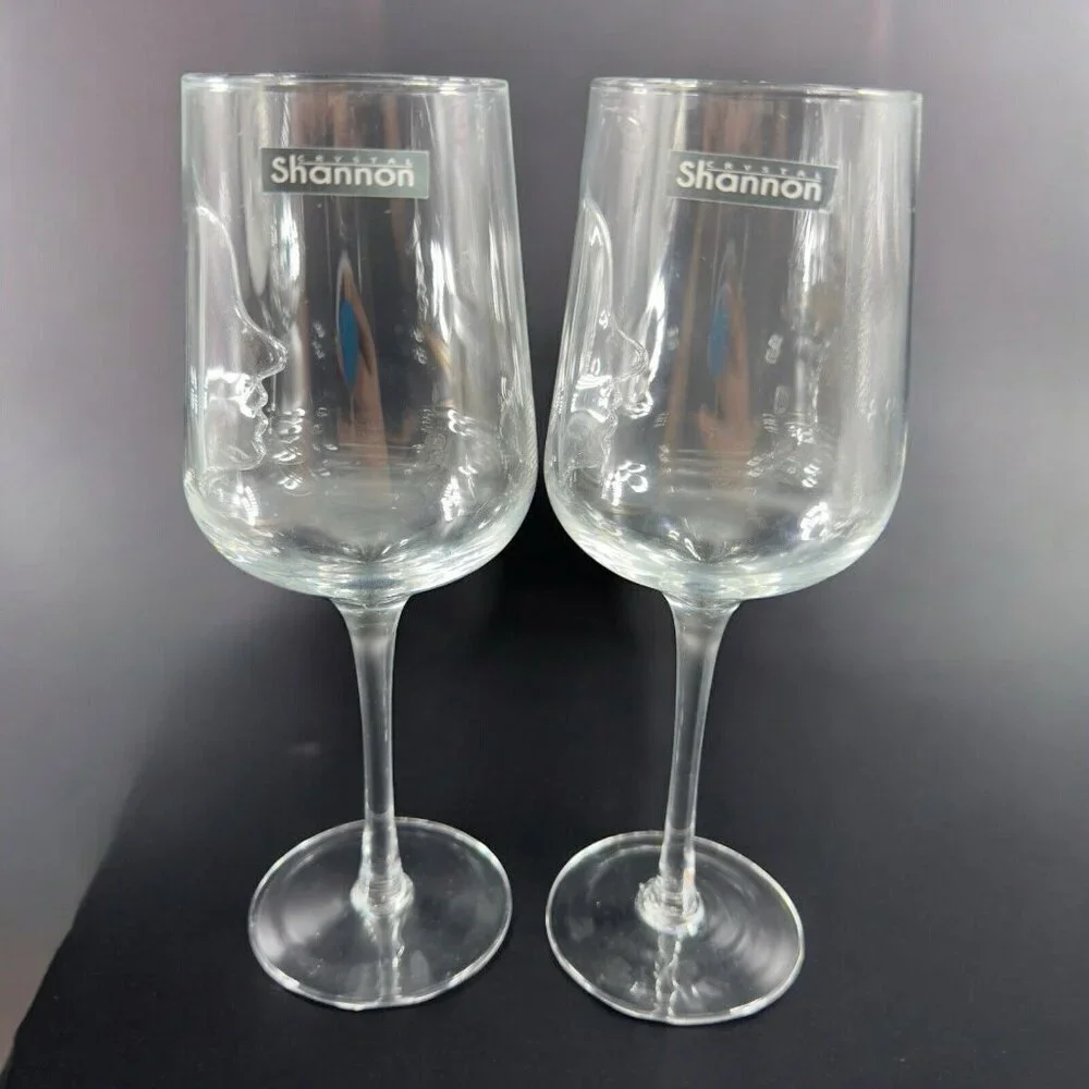 Shannon Crystal Clear Glasses Goblet Set 2 Glassware With Face Pattern Barware